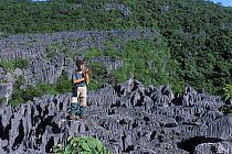 Woman standing on limestone karst ' tsingy' formations, where walking is difficult, Ankarana Special Reserve, Madagascar