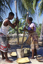 Two Vezo villagers crushing maize, Madagascar West