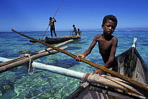 Vezo fishermen out at sea in Pirogues / Outrigger canoes, West Madagascar