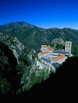 View over the Benedictine monastery of Sant Marti del Canigo / Saint Martin du Canigou built in the 11th century and restored in 1932,  eastern Pyrenees, France