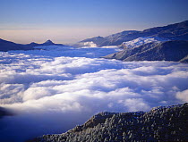 Morning clouds filling the valley of Atla Vall del Llobegat in Cadi Moixero Natural Park, Spanish Pyrenees