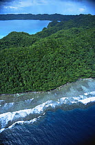 Aerial view of limestone uplifted islands in Palau, Micronesia, December 2001.