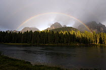 Rainbow over Lago (Lake) de Antorno and Col de i Tce (Pass) Dolomiti di Sesto National Park, Dolomites, Italy