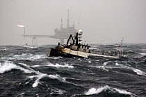 The fishing vessel Demares fights through heavy waves in stormy weather in the North Sea near the Beryl oil rig, 160 miles north east of Aberdeen