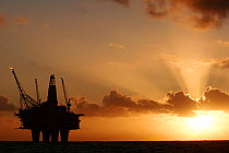 Silhouette of the Statfjord Bravo production platform in the Norwegian section of the North Sea, September 2007