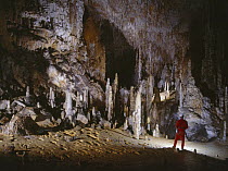 Potholer in cave admiring stalagmites, Cueva Coventosa, Ason, Cantabria, Spain