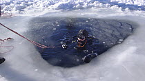 Diver in ice hole about to dive under ice in the White Sea, Northern Russia  March 2008