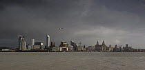 Liverpool Waterfront on the River Mersey with stormy sky, Merseyshire, UK December 2007