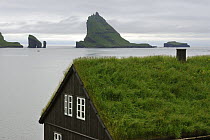 Traditional house with grass growing on its roof in front of Gasholmur Island, Faroe Islands