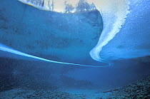 Underwater landscape beneath ice in Aare river tributary Spring Creek, Canton of Berne, Switzerland, January