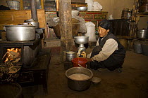 Woman producing butter in Dargye, Sichuan, Kham / Sichuan, Tibet, China
