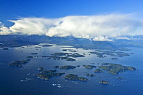 Aerial view of The Broken Group Islands, part of the Pacific Rim National Park, Barkely Sound, Vancouver Island, BC, Canada