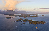 Aerial view of The Broken Group Islands, part of the Pacific Rim National Park, Barkely Sound, Vancouver Island, BC, Canada