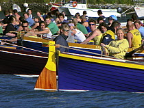 Cornish Pilot Gigs crews lining up for the ladies / mens mixed race at Dartmouth Regatta, Devon, England. April 2008.