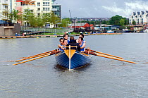 Bristol Pilot Gig Club's Men's crew practicing in their gig "Isambard" on Bristol's Floating Harbour, UK. July 2008, Model Released