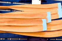 Oar blades on seats of Bristol Pilot Gig Club's "Isambard" on Bristol's Floating Harbour, England, UK, July 2008