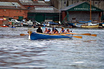 Bristol Pilot Gig Club's Ladies crew practicing in their gig "Isambard" on Bristol Floating Harbour, with historic Underfall Yard in background. England, UK. July 2008, Model Released