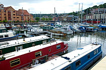 Narrow boats and yachts moored in Marina, Bristol Floating Harbour, UK   , July 2008
