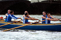 Bristol Pilot Gig Club's Men's crew practicing in their gig "Isambard" on Bristol Floating Harbour, UK. July 2008, Model Released