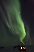 Southern lights, Aurora australis, in the night sky, above camp tent, Antarctica. NOT FOR REPRODUCTION GREATER THAN A4 SIZE