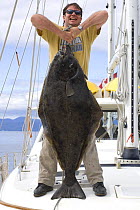 Fisherman holding large Pacific halibut (Hippoglossus stenolepis) South East Alaska, USA