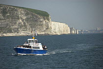 Pleasure craft taking tourists sightseeing along the coast of Dorset, with cliffs and Old Harry's rocks in the background, UK
