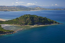 Aerial view of coast at Nosy Be with small bay, North Madagascar.