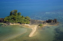 Aerial view of coast with rocky promontary at Nosy Be, North Madagascar.