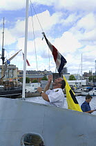 Hoisting flags on "Pride of Bristol" naval launch at the Bristol Harbour Festival, August 2008