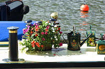 Floral decoration on top of narrow boat, Bristol Floating Harbour, UK