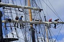 Crew of the "Earl of Pembroke" tall ship working in rigging during Bristol Harbour Festival on Bristol's floating harbour, August 2008