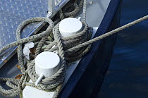 Mooring rope attached to bollard on deck, Bristol Floating Harbour, UK