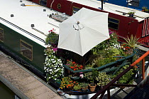 Garden and umbrella on narrowboat in Bristol Marina, Summer 2008