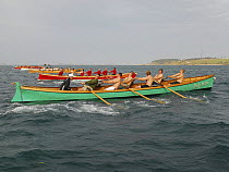 Cattewater and other men's crews powering off the start line at the 19th World Pilot Gig Championships, Isles of Scilly, May 2008