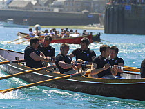 Flushing and Mylor men's crew nearing the finish line in "Penarrow" at the 19th World Pilot Gig Championships, Isles of Scilly, May 2008