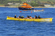 Cornwall Rowing Association for the Blind gig crew crossing the finish line in their gig "Dall Lewyer" at the 19th World Pilot Gig Championships, Isles of Scilly, May 2008