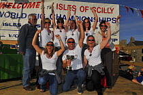 Charlestown ladies A crew celebrate their silver medal on the podium at the awards ceremony of the 19th World Pilot Gig Championships, Isles of Scilly, May 2008
