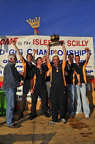 Mounts Bay men's crew celebrate their world title on the podium at the awards ceremony of the 19th World Pilot Gig Championships, Isles of Scilly, May 2008
