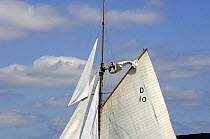 Crew member on spar of "The Lady Anne" with topsail flapping. Round the Island Race, The British Classic Yacht Club Regatta, Cowes Classic Week, July 2008
