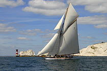 "Mariquita" sailing past the Needles Lighthouse during Round the Island Race, The British Classic Yacht Club Regatta, Cowes Classic Week, July 2008