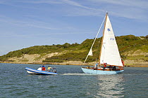 "Leonie" under sail with inflatable boat during Round the Island Race, The British Classic Yacht Club Regatta, Cowes Classic Week, July 2008