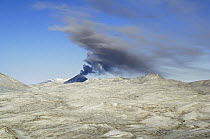 Black smoke belching from the Karymsky volcano, Kamchatka, Far East Russia