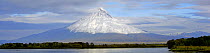 Panoramic of Kronotsky Volcano, rising up above the estuary of the Kronotsky River, Kronotsky Zapovednik, Kamchatka, Far East Russia