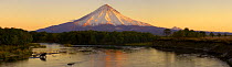Panoramic view of Kronotsky River and Kronotsky Volcano with Kamchatka brown bear (Ursus arctos beringianus)  fishing in the river, Kronotsky Zapovednik, Kamchatka, Far East Russia