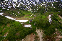 Aerial view of the Ranger stations before the landslide of June 3, 2007, which changed the face of the Valley of the Geysers, Kronotsky Zapovednik, Kamchatka, Far East Russia