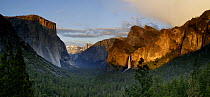 Evening light on Yosemite Valley at sunset, El Capitan, Bridalveil Falls, Cathedral Rocks and Half Dome, Yosemite National Park, California, USA