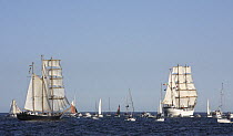 Barquentine "Kaliakra" (left) and three masted barque "Cuauhtemoc" (right) with spectator boats at the Funchal 500 Tall Ships Regatta race day, Saturday 13th September 2008. Falmouth, Cornwall, UK