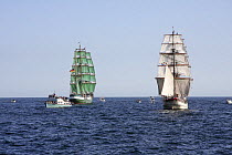 Three masted barque "Alexander von Humboldt" and brig "Astrid", with Enterprise ferry boat, and the Funchal 500 Tall Ships Regatta race day, Saturday 13th September 2008. Falmouth, Cornwall, UK