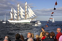 Spectators aboard "Enterprise III" ferry watching three masted barque "Cuauhtemoc" at the Funchal 500 Tall Ships Regatta race day, Saturday 13th September 2008. Falmouth, Cornwall, UK