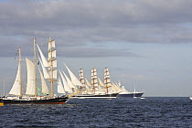 Barquentine "Kaliakra", four-masted barque "Sedov" and cruiseliner "Saga Ruby" on the start-line of the Funchal 500 Tall Ships Regatta race, Saturday 13th September 2008. Falmouth, Cornwall, UK